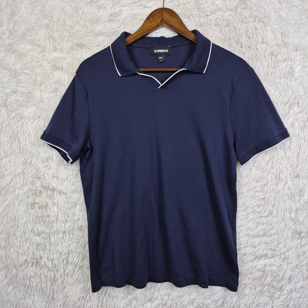 Express Mens Navy Blue Cotton Johnny Collar Polo Shirt White Tipping Small